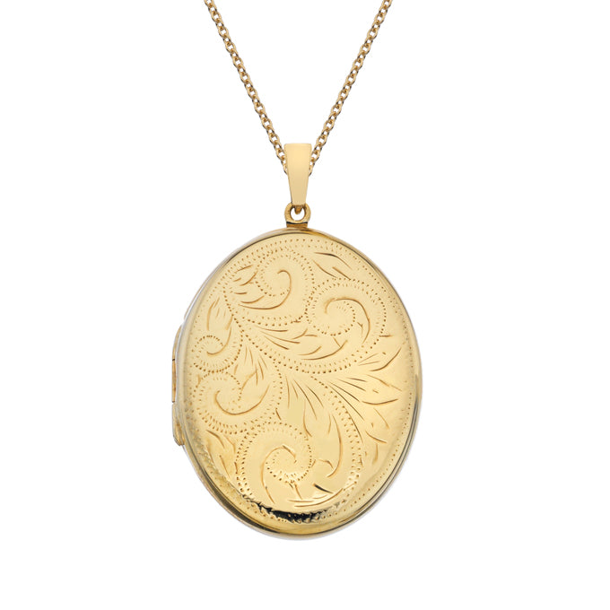 9ct Gold Engraved Oval Locket with Chain (s2b)