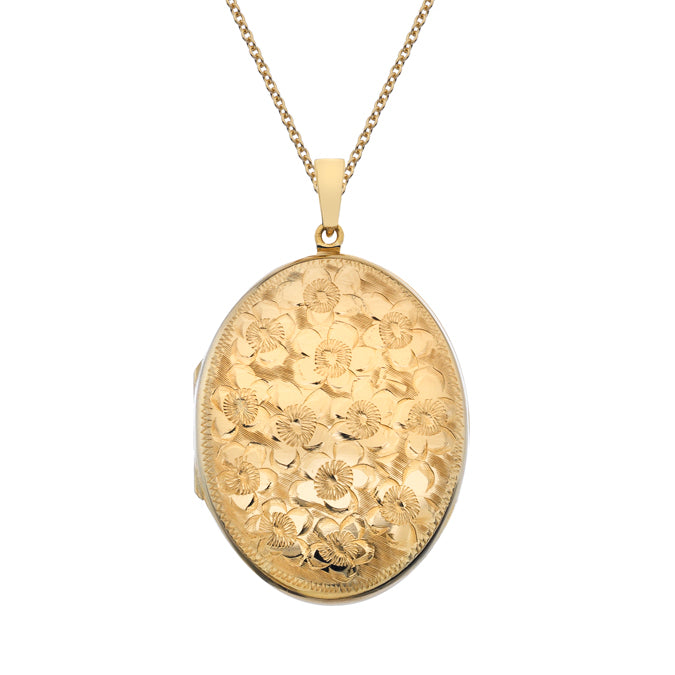 9ct Gold Full Engraved Oval Locket with Chain (s2l)