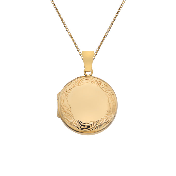 9ct Gold Engraved Border Round Locket with Chain (s6m)