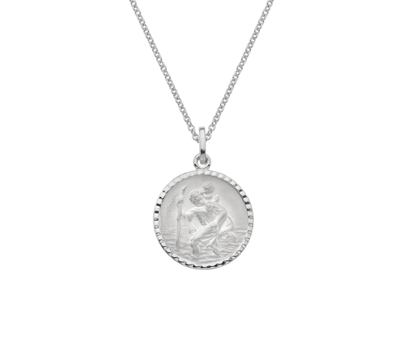 Silver Med Faceted Edge St Christopher Pendant with Chain