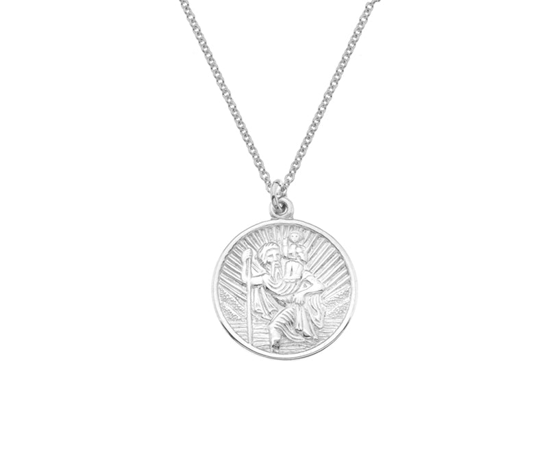 Silver Med Circular St Christopher Pendant with Chain