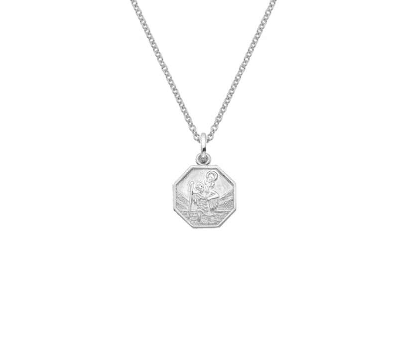 Silver Delicate Octagonal St Christopher Pendant with Chain