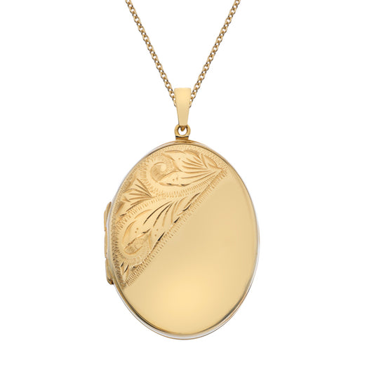 9ct Gold Half Engraved Oval Family Locket with Chain