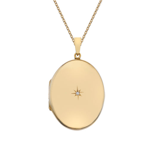 9ct Gold Diamond Set Oval Locket with Chain (s3)