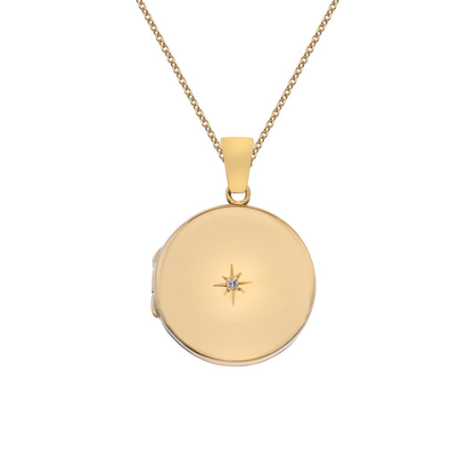 9ct Gold Diamond Set Round Locket with Chain (s6)