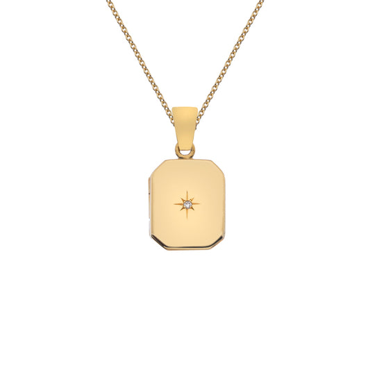 9ct Gold Diamond Set Rectangle Locket with Chain (s7)