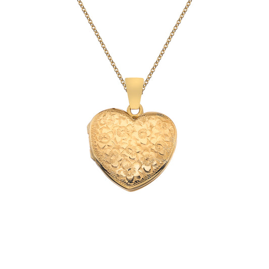 9ct Gold Full Engraved Heart Locket with Chain (s8l)