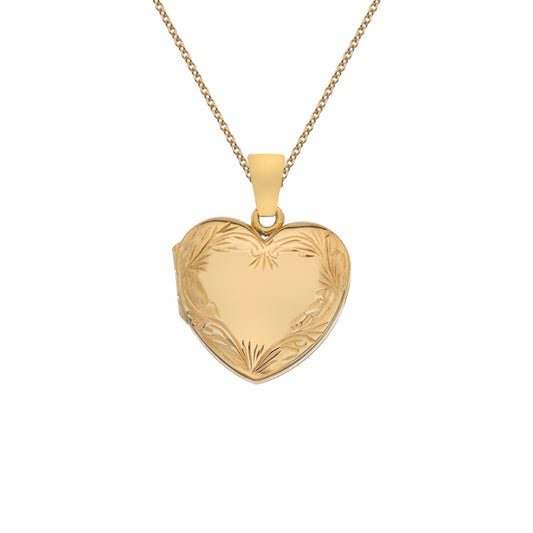 9ct Gold Engraved Border Heart Locket with Chain (s8m)